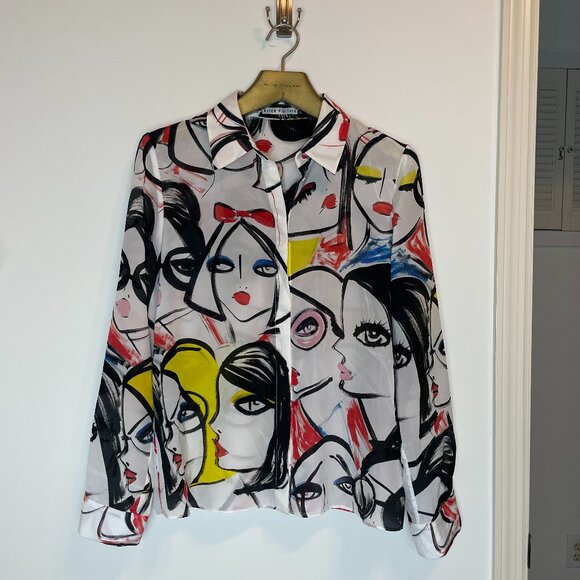 ALICE + OLIVIA x Blair Z Willa Faces Silhouette Silk Button Down Blouse \\ L - Picture 2 of 11
